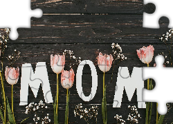 Kwiaty, Tulipany, Gipsówki, Deski, Dzień Matki