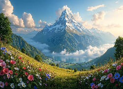 Góry, Jezioro, Łąka, Kwiaty