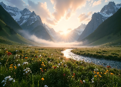 Góry, Rzeka, Mgła, Słoneczny blask, Łąka, Kwiaty, AI