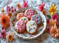 Lukrowane, Ciasteczka, Talerz, Kwiaty