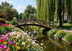 Strumień, Kwiaty, Mostek, Wierzba płacząca, Park