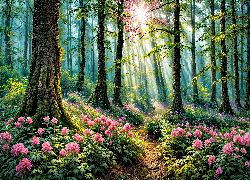 Las, Różowe, Kwiaty, Ścieżka, Słońce, Grafika, Przebijające światło