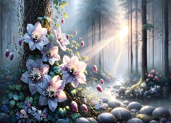 Powojnik, Kwiaty, Las, Drzewa, Przebijające światło, Mgła, Grafika AI