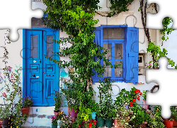 Dom, Kwiaty, Rośliny, Niebieskie, Okna, Drzwi