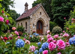 Budynek, Dom, Ogród, Róże, Hortensje, Drzewa, Grafika AI