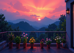 Kwiaty, Doniczki, Balkon, Zachód słońca, Góry