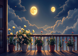 Noc, Księżyce, Chmury, Kwiaty, Doniczki, Balkon