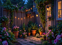 Ogródek, Dom, Kwiaty, Oświetlenie, Ogrodzenie