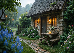 Kamienny, Dom, Ogród, Deszcz