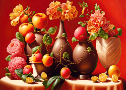 Stół, Wazony, Kwiaty, Owoce, Jabłka, Cytryny, Świeczki, Liście, Digital Art, Kompozycja