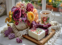 Kwiaty, Wazon, Świeca, Prezent, Kompozycja