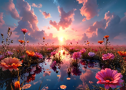 Kwiaty, Woda, Odbicie, Zachód słońca, Grafika AI