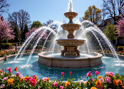 Fontanna, Kwiaty, Park, Wiosna, Grafika AI