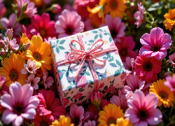 Kwieciste, Pudełko, Prezent, Kokarda, Kwiaty