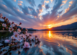 Różowe, Kwiaty, Gałąź, Jezioro, Niebo, Zachód słońca, Grafika AI
