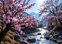 Wiosna, Kwitnące, Drzewa, Strumyk, Niebo, Grafika AI`