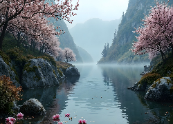 Jezioro, Góry, Skały, Drzewa, Wiosna, AI