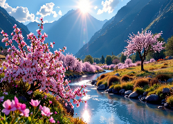 Wiosna, Strumień, Kwitnące, Drzewa, Góry, Promienie słońca, Grafika AI