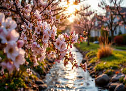 Drzewo owocowe, Gałązki, Różowe, Kwiaty, Strumyk, Światło słoneczne