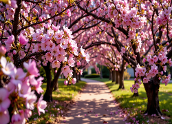 Kwitnące, Drzewa, Gałązki, Różowe, Kwiaty, Droga, AI