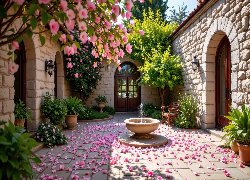 Dom, Kwiaty, Ozdobne, Drzewa, Fontanna, Krzesło, Płatki, Kwiatów, Dziedziniec, Rośliny