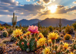 Kwitnące, Kaktusy, Góry, Niebo, Grafika AI