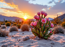 Zachód słońca, Piasek, Kwitnący, Kaktus, Różowe, Kwiaty, Kępki, Roślin