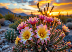 Kaktus, Kwiaty, Zachód słońca, Grafika AI