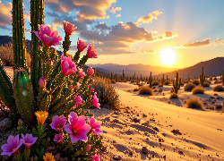 Kaktus, Kwiaty, Pustynia, Zachód słońca, Grafika AI