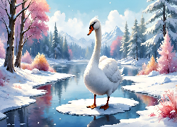 Łabędź, Ptak, Zima, Rzeka