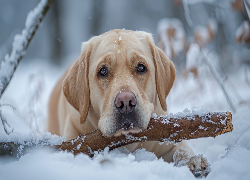Leżący, Pies, Labrador retriever, Śnieg