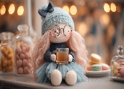 Lalka, Szklanka, Herbata, Ciastka, Cukierki, Grafika AI