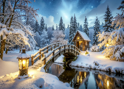 Zima, Rzeka, Most, Lampa, Dom, Las, Ośnieżone, Drzewa, Śnieg