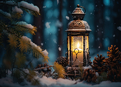 Zima, Lampion, Szyszki, Gałązki, Śnieg