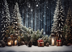 Boże Narodzenie, Choinki, Drzewa, Lampiony, Szyszki, Prezenty, Dekoracja, Grafika, Kompozycja