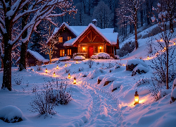 Zima, Las, Dom, Oświetlenie, Lampiony