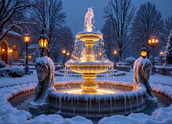 Zima, Fontanna, Figury, Oświetlone, Latarnie, Śnieg, Drzewa