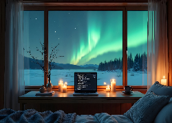 Zorza polarna, Laptop, Świece, Stół, Okno