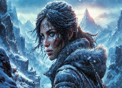 Lara Croft, Kurtka, Kaptur, Misja, Zima, Góry, Grafika AI