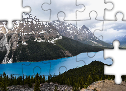 Park Narodowy Banff, Jezioro, Peyto Lake, Góry, Drzewa, Lasy, Skały, Chmury, Alberta, Kanada