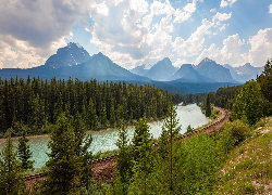 Park Narodowy Banff, Rzeka, Bow River, Góry Skaliste, Las, Drzewa, Tory, Chmury, Alberta, Kanada