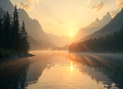 Wschód słońca, Jezioro, Góry, Mgła, Las