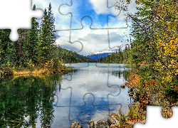 Park Narodowy Jasper, Góry, Jezioro, Drzewa, Las, Chmury, Kanada