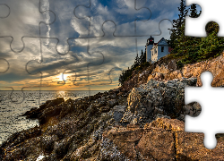 Park Narodowy Acadia, Latarnia morska, Bass Harbor Head Light, Morze, Skały, Zachód słońca, Stan Maine, Stany Zjednoczone