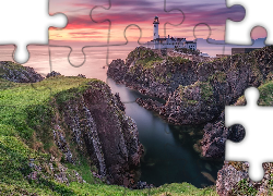Morze, Latarnia morska, Fanad Head Lighthouse, Skały, Zachód słońca, Portsalon, Hrabstwo Donegal, Irlandia Północna