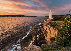 Morze, Skały, Latarnia morska, Hornby Lighthouse, Drzewa, Kamienie, Poranek, Australia