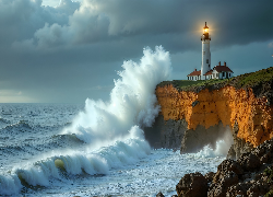 Morze, Latarnia morska, Skały, Klif, Fale, AI