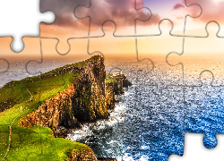 Szkocja, Wyspa Skye, Półwysep Duirinish, Latarnia morska Neist Point Lighthouse, Morze Szkockie, Wybrzeże, Wschód słońca