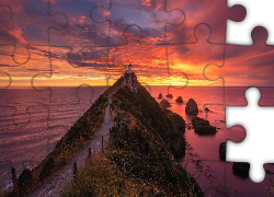 Morze, Latarnia morska, Nugget Point Lighthouse, Ścieżka, Skały, Zachód słońca, Otago, Nowa Zelandia