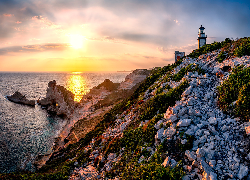 Morze, Skały, Latarnia morska, Pertusato, Niebo, Zachód Słońca, Wybrzeże, Bonifacio, Korsyka, Francja